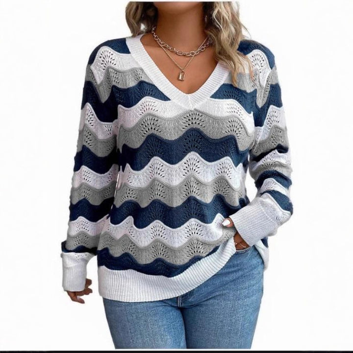 Pull pour femmes à col V avec motif ondulé et structure aérienne Chic & Stil
