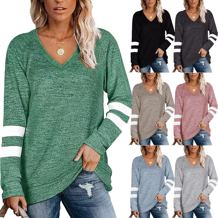 Long Sleeve Sporty T-Shirt for Women with V-Neck and Striped Details Lune London