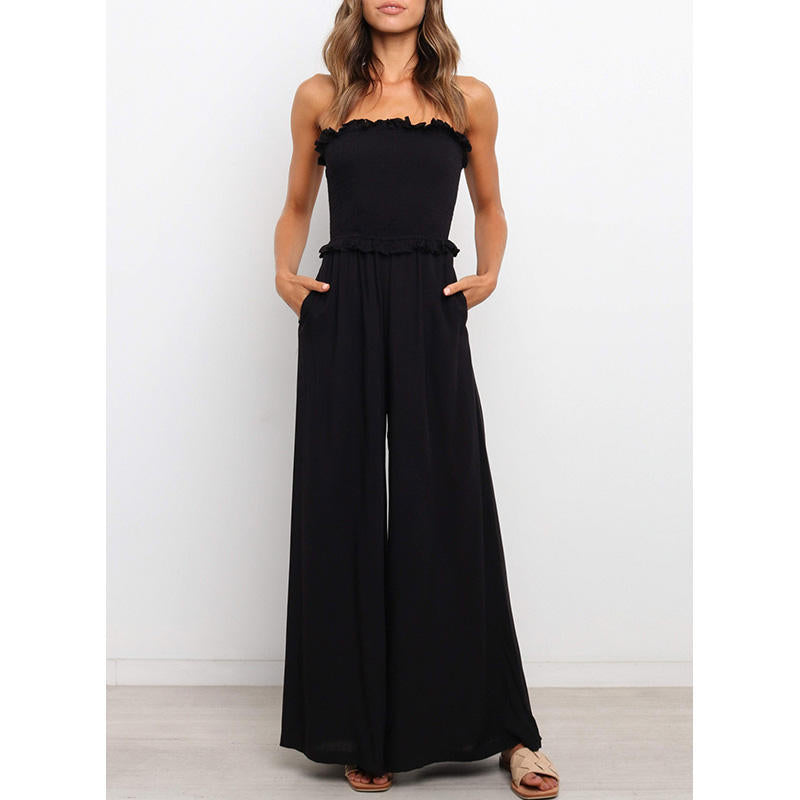 Strapless jumpsuit for women with wide legs and ruffled trim Lune London