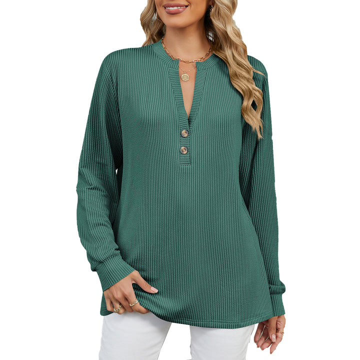 Long sleeve women's t-shirt with a trendy Henley neckline and structured ribbed texture Lune London