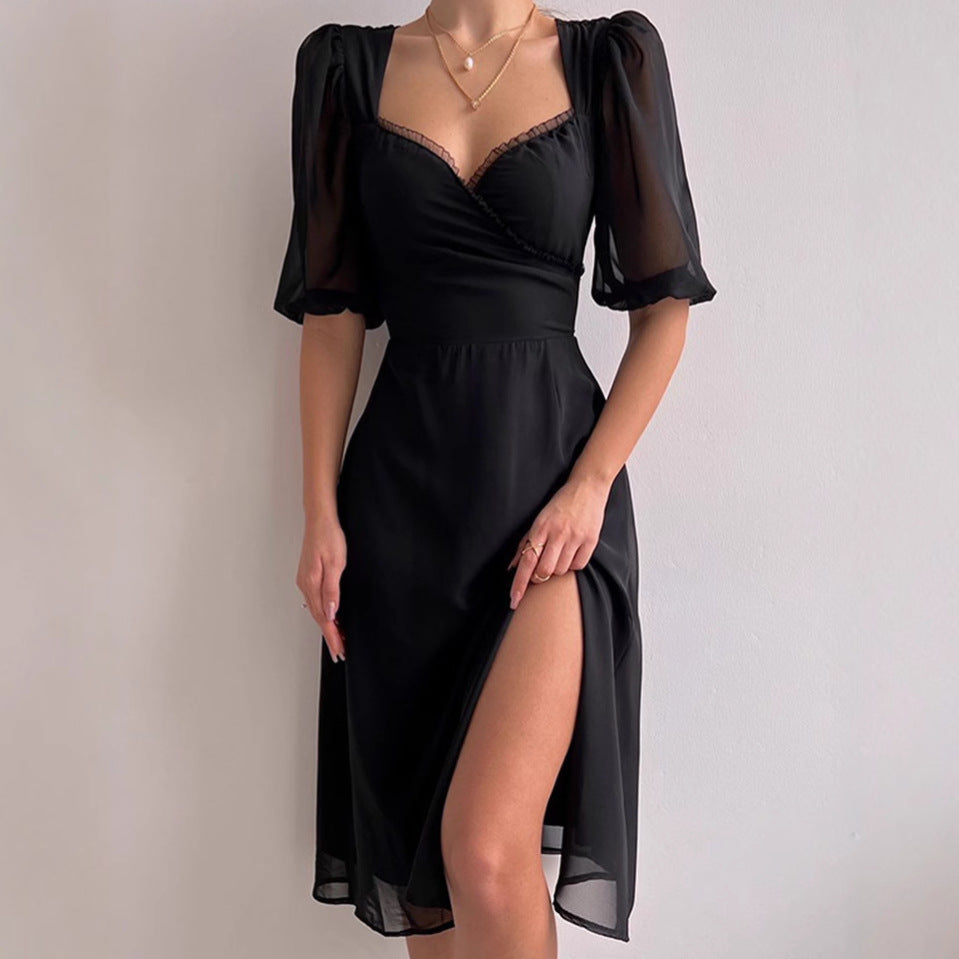 Women's Elegant Maxi Dress with Puff Sleeves and Deep Slit Lune London