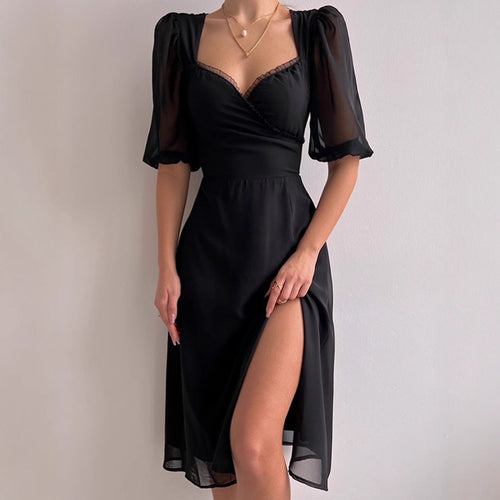 Women's Elegant Maxi Dress with Puff Sleeves and Deep Slit Lune London