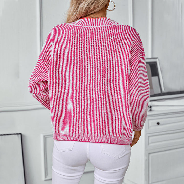 Knitted pullover for women with V-neck and striped design Lune London