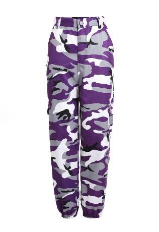 Cargo pants for women with a modern camouflage design featuring practical pockets and elastic waist Lune London