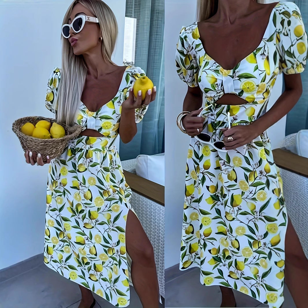 Maxi dress for women with fruity print and side slit Lune London