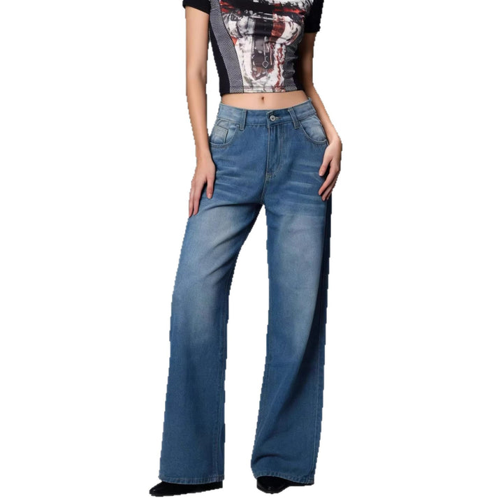 Women wide denim pants with vintage wash and high-waisted waistband Lune London