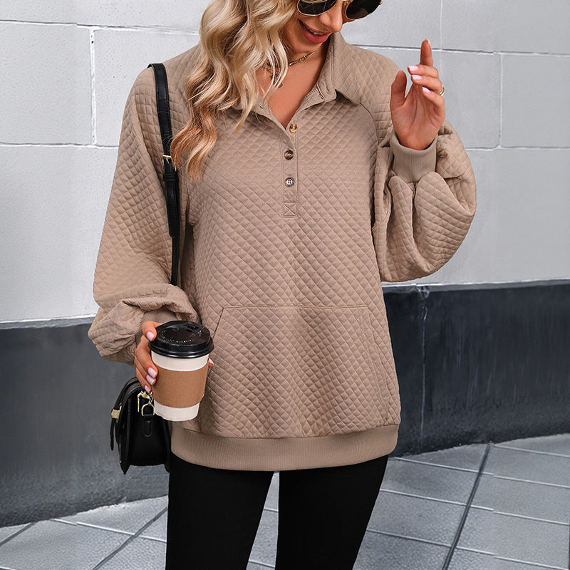 Oversized sweater for ladies with textured waffle pattern and button placket Lune London