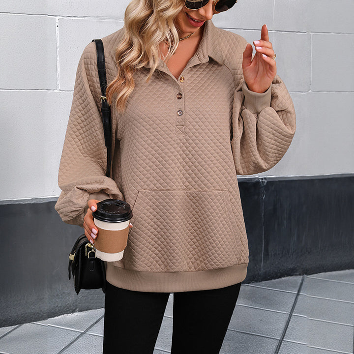 Oversized sweater for ladies with textured waffle pattern and button placket Lune London