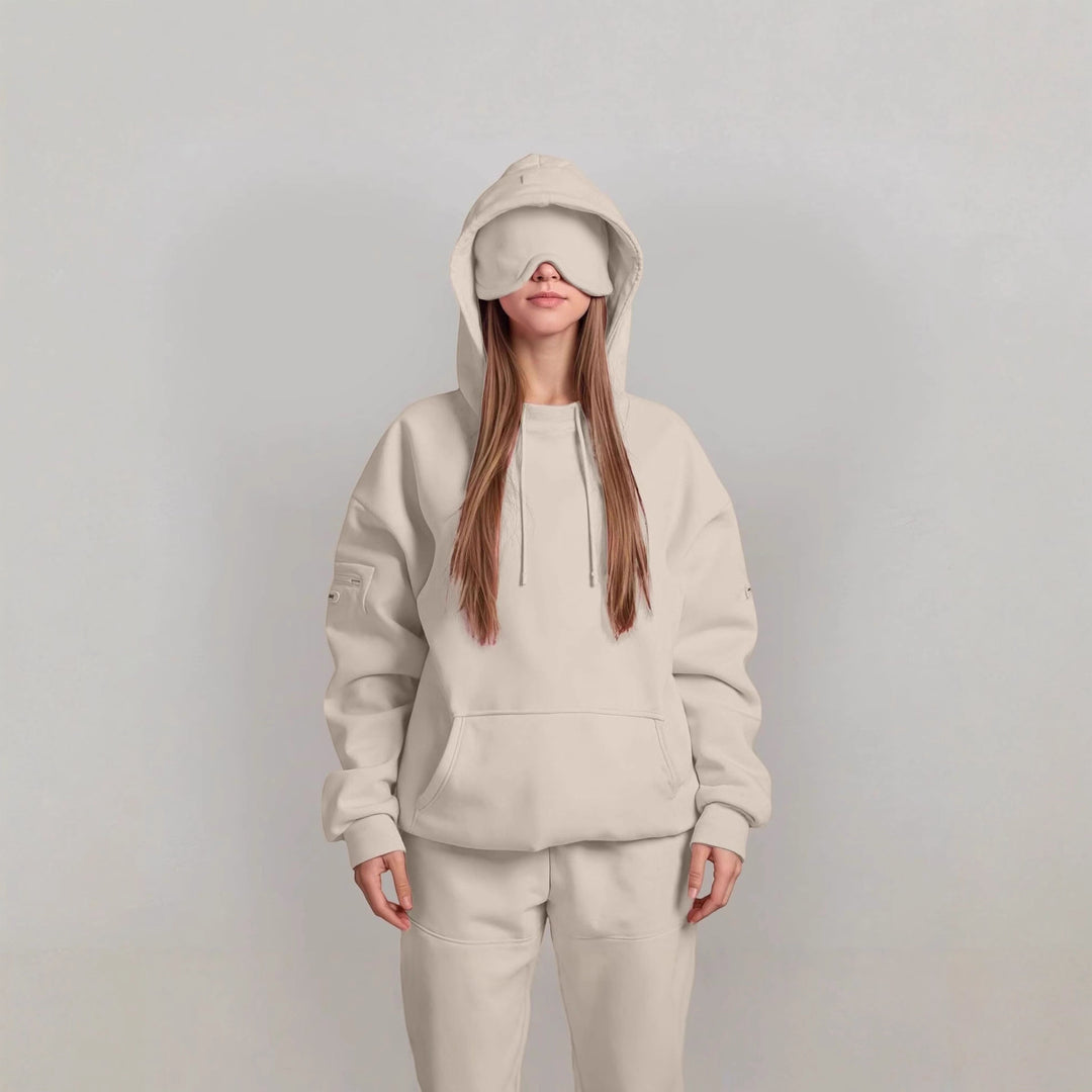 Ladies oversized hoodie with integrated sleep mask design Lune London