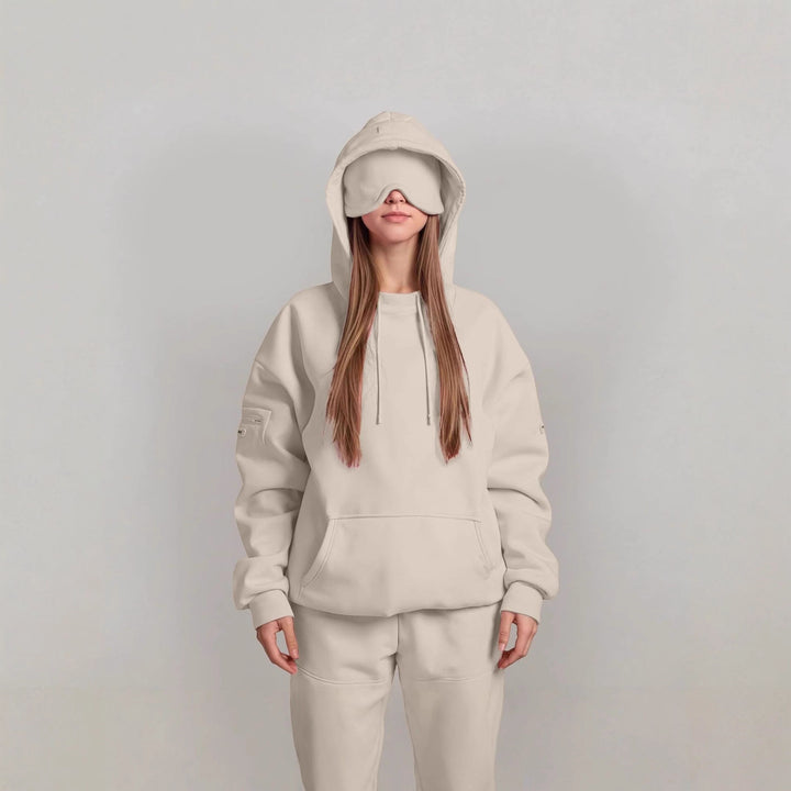 Ladies oversized hoodie with integrated sleep mask design Lune London