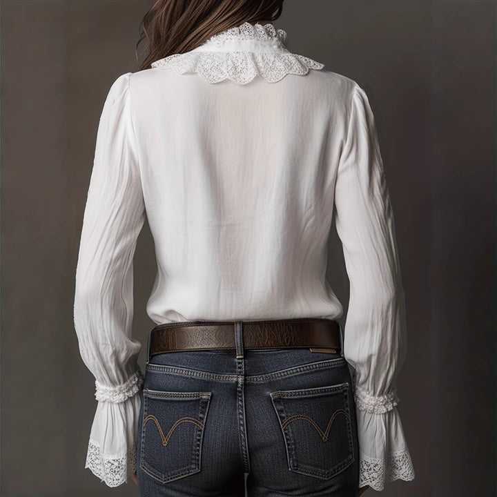 Ladies elegant blouse with ruffle details and lace trim Lune London