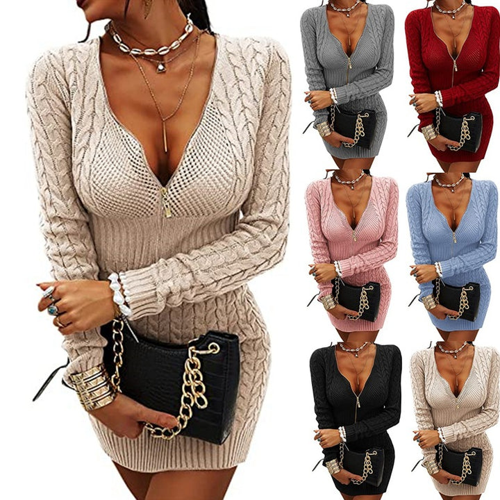 Knit dress for women with deep V-neck and modern zip details Lune London