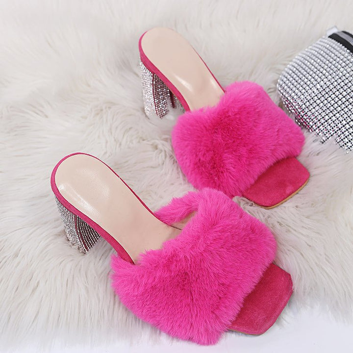 Glamorous mules for ladies with soft faux fur and sparkling heel Lune London
