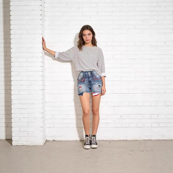 Women’s Vintage Style Denim Shorts with Embroidered Details Lune London