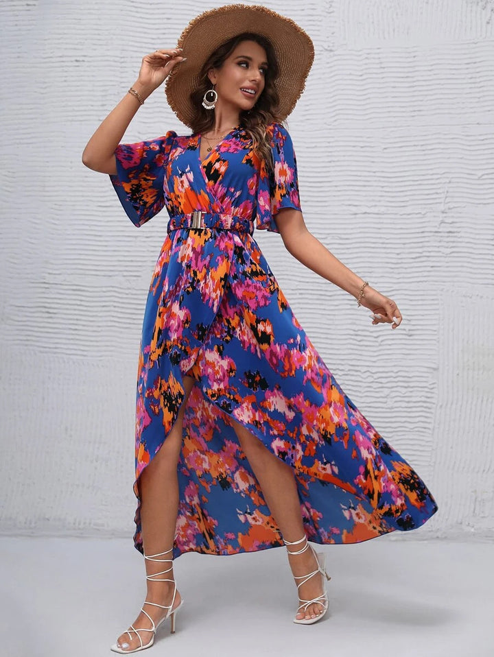 Maxi floral dress with long sleeves for women with belt pouch Lune London