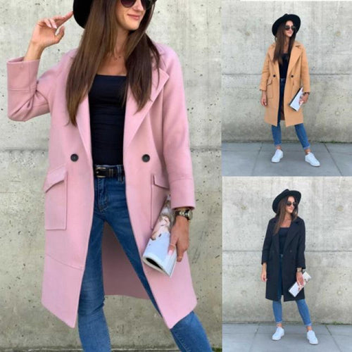 Modern long women's jacket with deep lapels and practical pockets Lune London