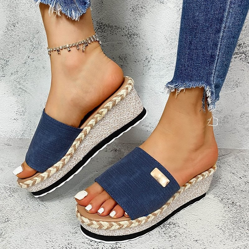 Platform sandals for women with woven rattan detail and comfortable sole Lune London