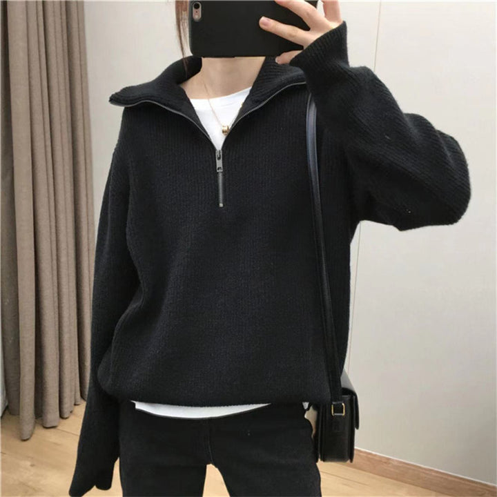 Knit sweater for women with high collar and half-zip Lune London