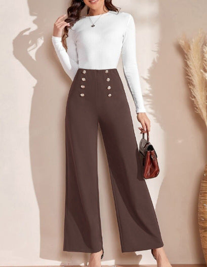 High-waisted wide-leg pants for women with decorative buttons Lune London