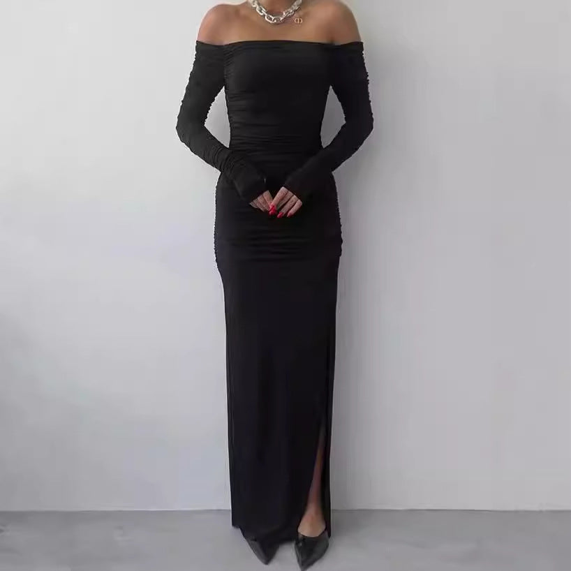 Elegant maxi dress for women with off-the-shoulder design, ruching and long sleeves Lune London