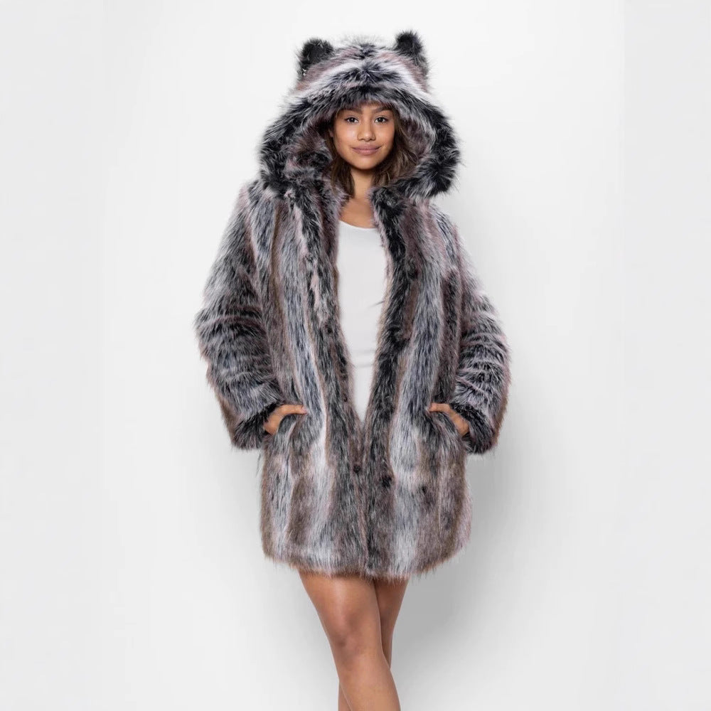 Ladies hooded faux fur coat with ear protectors Lune London