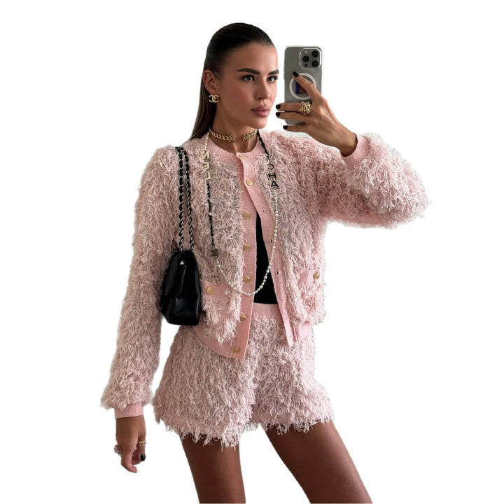 Fashion knit set for women with fringe details and elegant buttons Lune London