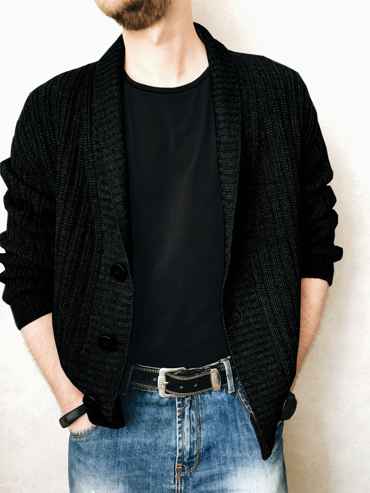 Men's knit jacket with fashionable shawl collar and practical buttons Lune London