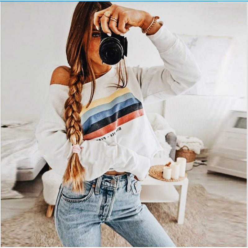 Sweatshirt femme à épaules dénudées avec motif de rayures contrastées Chic & Stil
