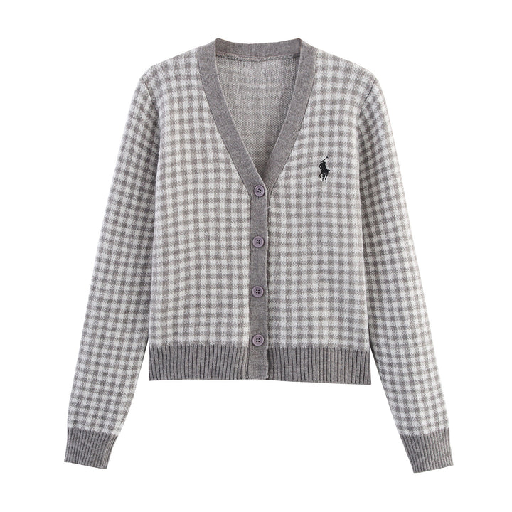 Women's knitted jacket with plaid pattern and button details Lune London