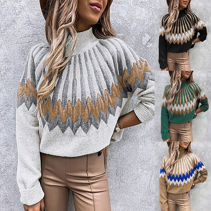 Lune London Thick Knit Sweater for Women with Intense Graphic Design and High Collar