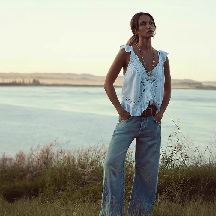 Ladies airy linen crop top with ruffles Lune London