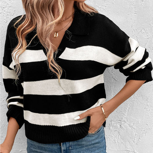 Striped women's sweater with V-neck and short sleeves Lune London