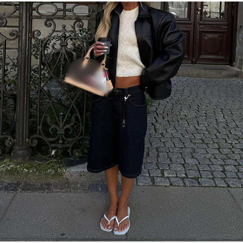 Trendy synthetic leather jacket for women with elastic cut and practical pockets Lune London