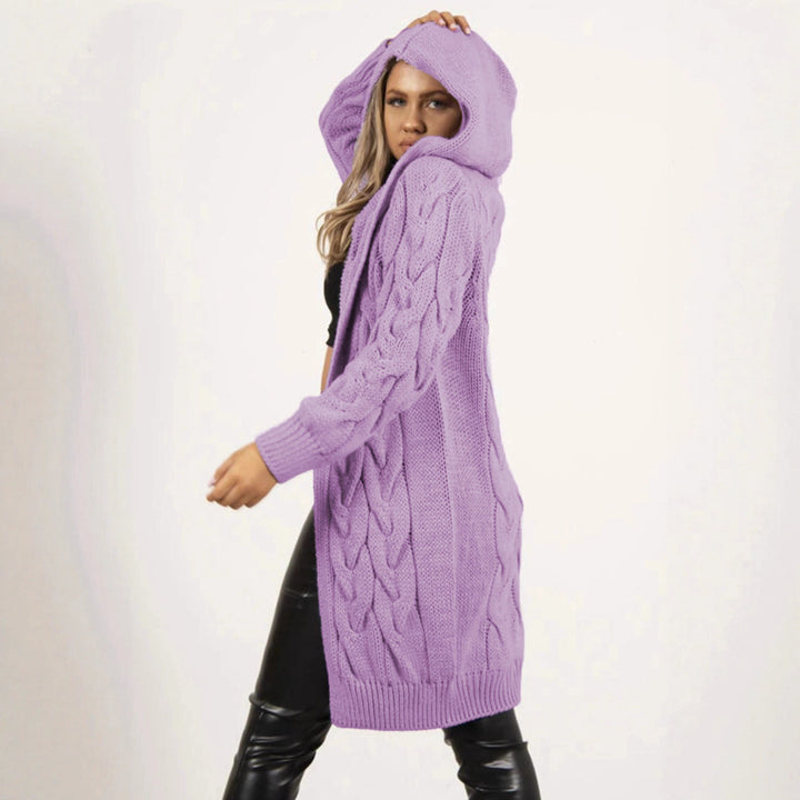 Ladies large knit wrap cardigan with hood and cable pattern Lune Londonl