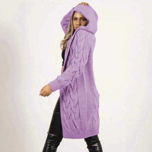 Ladies large knit wrap cardigan with hood and cable pattern Lune Londonl