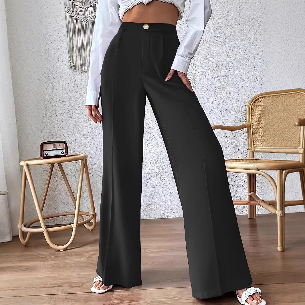 Wide palazzo pants for women with a stylish high waist cut and a button detail Lune London