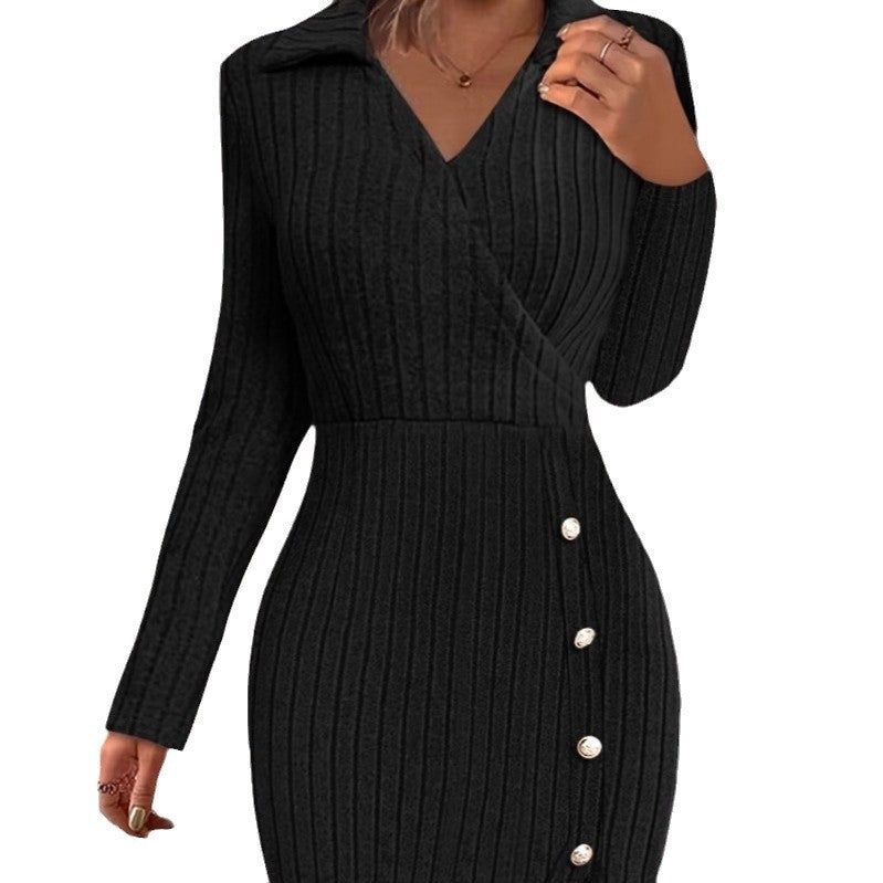 Knit dress for women with V-neckline and button details Lune London