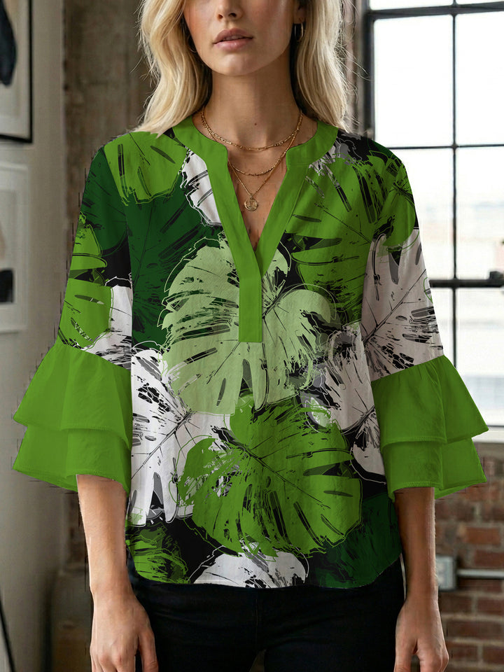 Women's blouse with voluminous wing sleeves and intense leaf pattern Lune London
