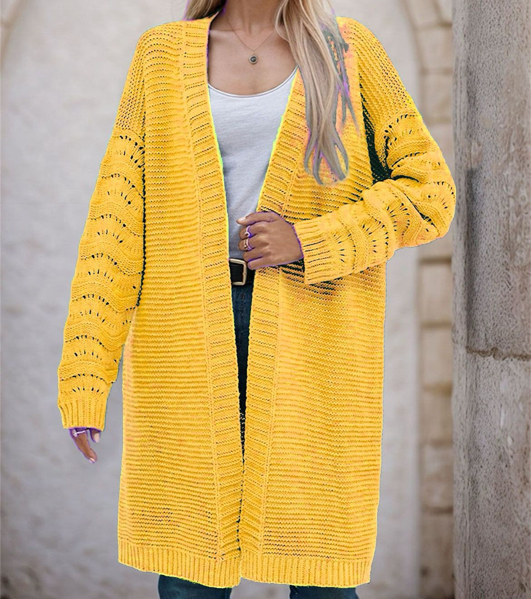 Ladies Long Knit Cardigan with an airy mesh structure and an open front Lune London