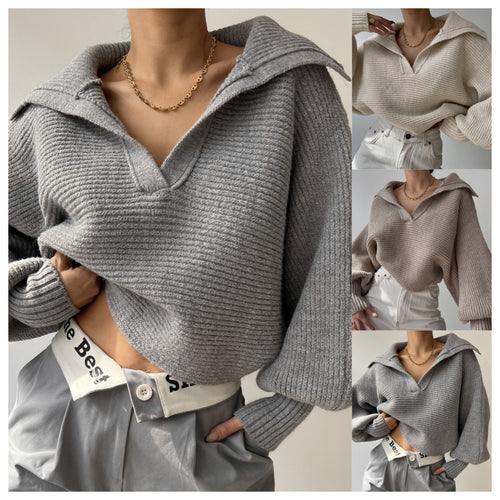 Thick knitted sweater for women with oversized cut and V-neck Lune London