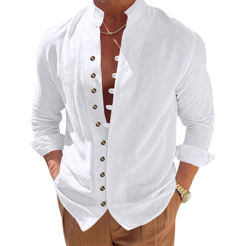 Fashionable long-sleeve shirt for men with a modern button design and a chic stand-up collar