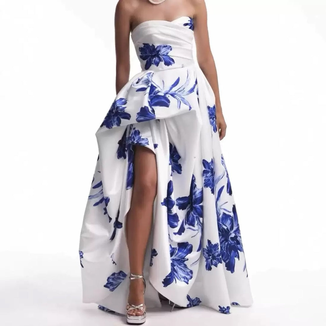 Ladies' wedding dress with strapless design and floral appliqués