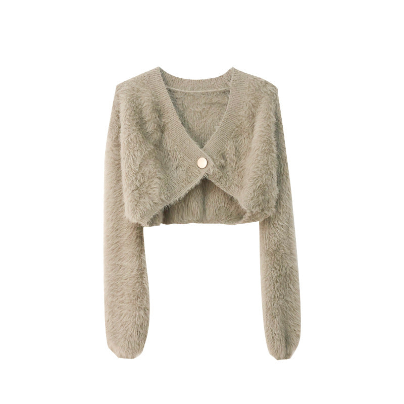Short plush sweater for women with V-neck and button detail Lune London