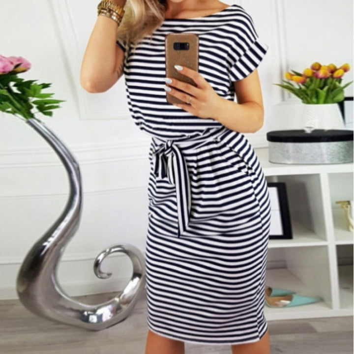 Elegant striped dress for women with tie belt Lune London
