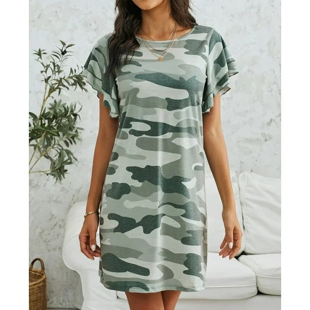 Leisure dress for women with ruffle details and camouflage design Lune London