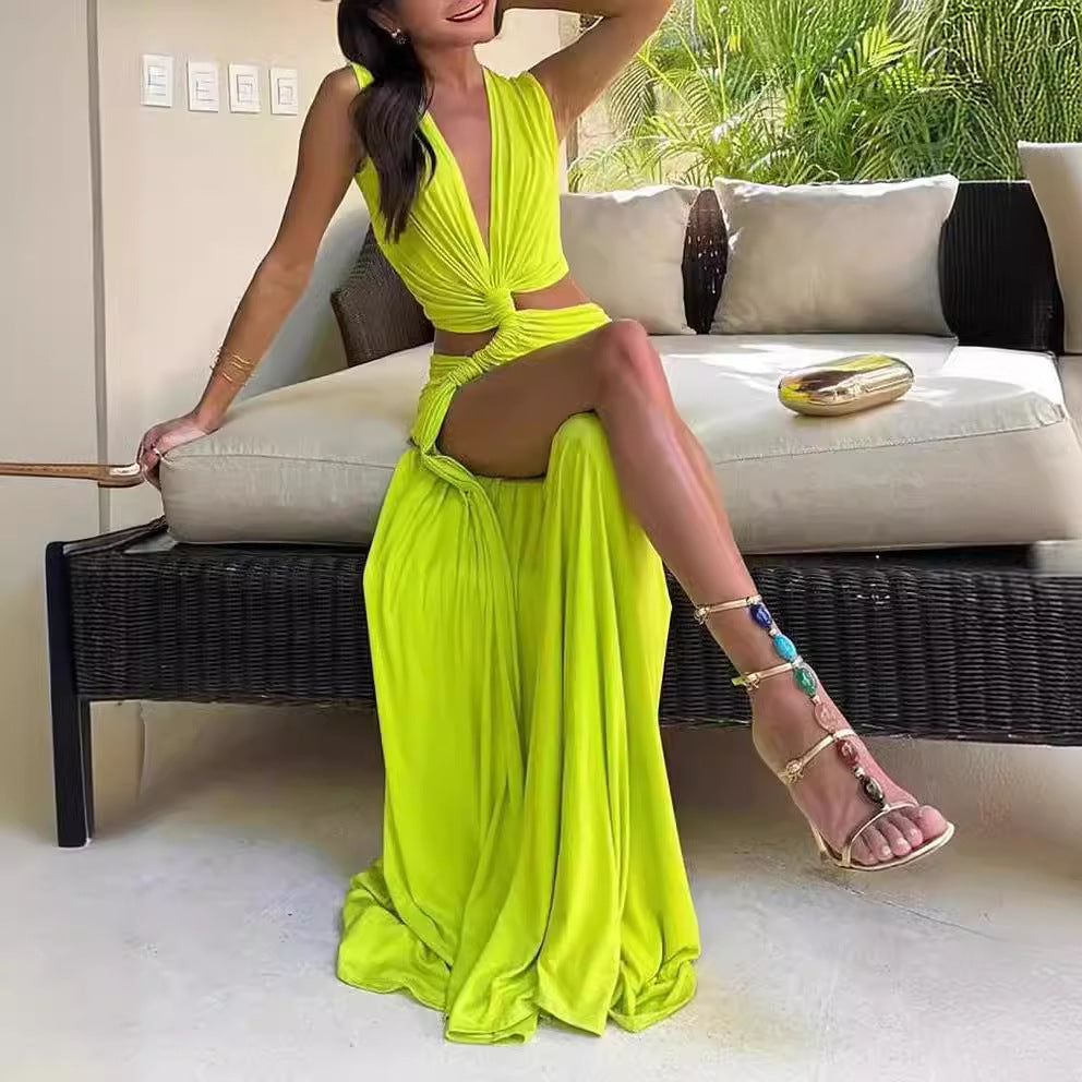 Women's Glamorous Maxi Dress with Knot Design and High Slit Lune London