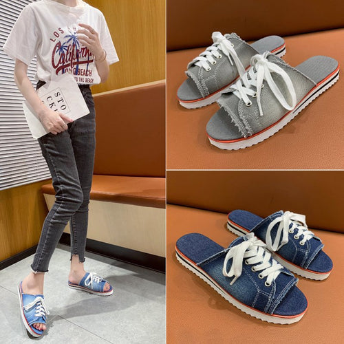 Casual slip-on sneakers for women with trendy denim and practical lacing Lune London