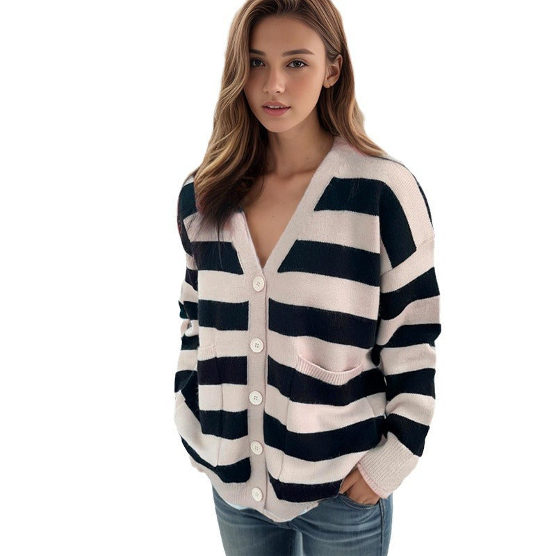 Ladies Casual Knit Vest with Deep V Neck and Striped Pattern Lune London