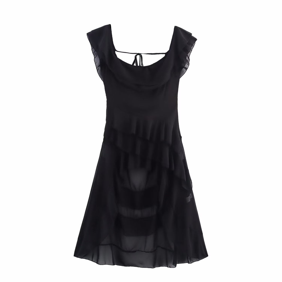 Maxi off-shoulder dress for women with voluminous ruffle details and a floating hem Lune London