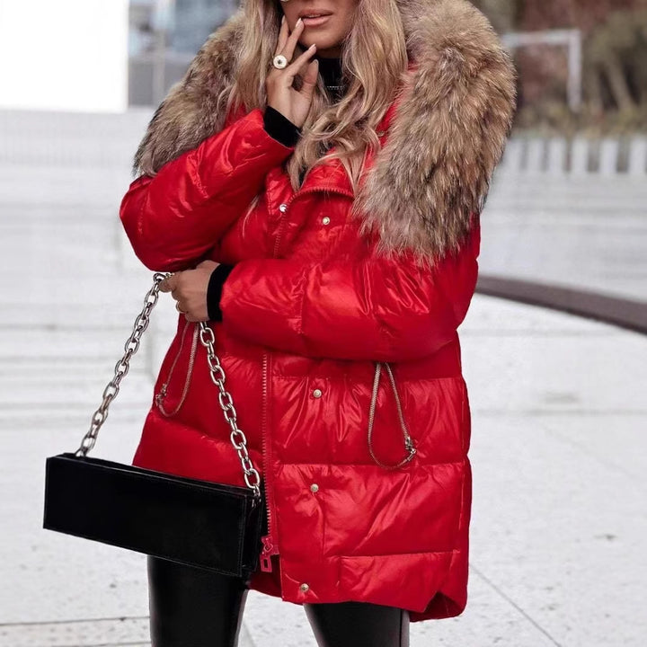 Ladies Long Down Jacket with Removable Faux Fur Collar Lune London